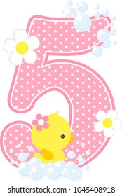 number 5 with bubbles and cute rubber duck isolated on white. can be used for baby girl birth announcements, nursery decoration, party theme or birthday invitation. Design for baby girl