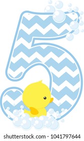 number 5 with bubbles and little baby rubber duck isolated on white background. can be used for baby boy birth announcements, nursery decoration, party theme or birthday invitation