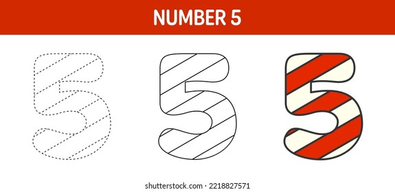 Number 5 Candy Cane, tracing and coloring worksheet for kids