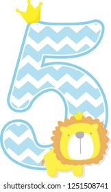 number 5 with chevron pattern. cute little lion king isolated on white background. can be used for father's day card, baby boy birth announcements, nursery decoration, party theme or invitation