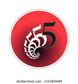 number 5 circular label with fractal spiral tail pattern in red and white