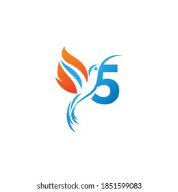 Number 5 combined with the fire wing hummingbird icon logo design