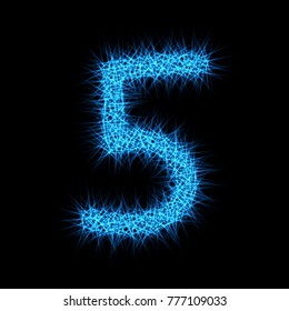 Number 5 composed from lights particles, isolated on black. Vector design.