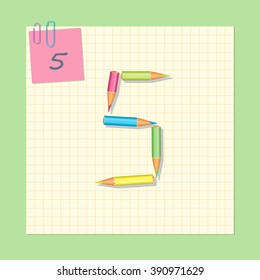 The number 5 consists of colored pencils. The number 0. Vector illustration