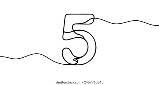 Número 5 en estilo de dibujo de línea continua. Línea de arte del número cinco. Ilustración vectorial.
