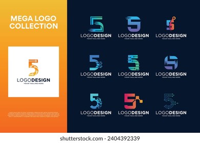 Number 5 creative logo design collection. Abstract symbol for digital technology