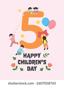 Number 5 with cute children illustration