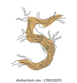 Número 5. Fuente decorativa de raíces de árbol. Diseño ambiental. Tipografía de la naturaleza