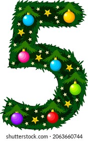 Number 5. Design of the Christmas alphabet and numbers. Christmas tree with toys. Vector illustration on a white background.