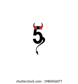 Number 5 with devil's horns and tail icon logo design vector template