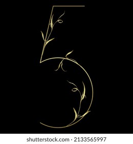 Número 5. Dígito cinco. Dígito botánico. Bella fuente floral con hojas delicadas o ramas de césped. Silueta dorada y brillante sobre fondo negro. Ilustración vectorial aislada.