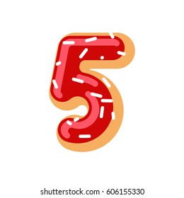 Number 5 donut. Doughnut font five. Sweet alphabet. candy lettering. food ABC sign
