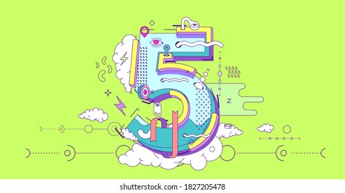 Number 5 and doodle-style objects. Flat illustration. 