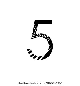 Number 5 double exposure with black palm leaf  isolated. Vector illustration.Black and white double exposure silhouette letters combined with photograph of nature.  