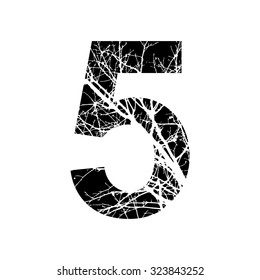 Number 5 double exposure with white tree isolated on black background.Vector illustration.Black and white double exposure silhouette lettering combined with photograph of nature. Letters  alphabet.