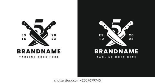 Number 5 Double Knife Logo, Suitable for any business related to knife with 5 initial.