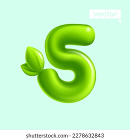 Logotipo ecológico número 5. Cinco signos con hojas verdes. Estilo de globo 3D realista y de dibujos animados. Ilustración vectorial brillante. Perfecto para carteles agrícolas, adv vibrante, arte de reciclaje de residuos, comida saludable.