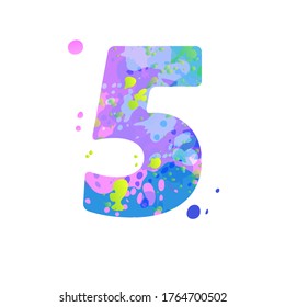 Number 5 with effect of liquid spots of paint in blue, green, pink colors, isolated on white background. Decoration element for design of a flyer, poster, calendar, cover, title. Vector EPS10