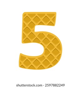 Number 5 element waffle. Crunchy waffle in the shape of number Five. Vector illustration. Alphabet, letters, numbers and signs made from cookie, waffle.