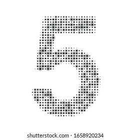 The number 5 is evenly filled with black dots of different sizes. Some dots with shadow. Vector illustration on white background