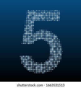 The number 5 is evenly filled with white dots of different sizes. Vector illustration on blue background