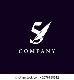 Number 5 with Feather Quill Pen Notary Writer Journalist Logo Design Inspiration