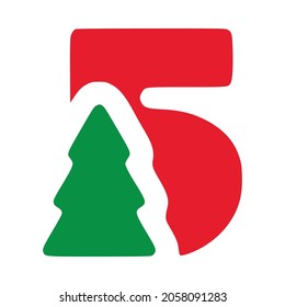 Number 5 with fir vector clip art, Christmas lettering isolated on white background