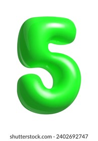 Número 5. Caricatura de cinco números color verde 3d. Estilo de globo realista. Aislado sobre fondo blanco. ilustración vectorial