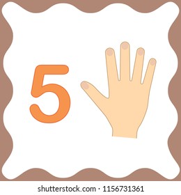 Number 5 (five), educational card, learning counting with fingers of hand, mathematics. Vector illustration.
