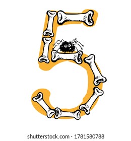 Number 5. The number five isolated on a white background laid out the bones with a spider. Vector illustration for decor, advertising, t-shirt print, Halloween