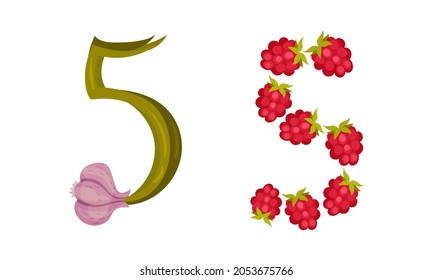Number 5 Five made of fresh garlic and raspberry cartoon vector illustration