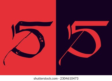 Number 5. Five sign logo in Gothic style. Calligraphy letters. Antique vintage blackletter vector emblems set. Medieval Germanic font for tattoos, stylish calligraphy, luxury masthead, halloween.