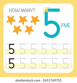 Number 5 - Five stars - Learning and writing number - Number drawing activity