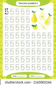 Number 5. Five Tracing Worksheet for kids. Yellow juicy pear. Preschool worksheet, practicing motor skills - tracing dashed lines. A4 green grid.