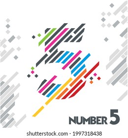 number 5 (five) with unique designs of color stripes