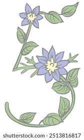 Number 5. Flolal font. Vector illustration.