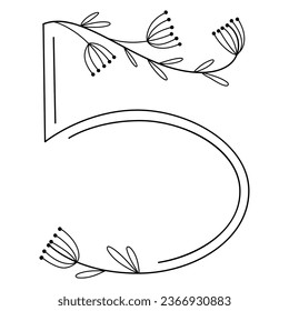 Number 5 with floral details. Vector illustration.