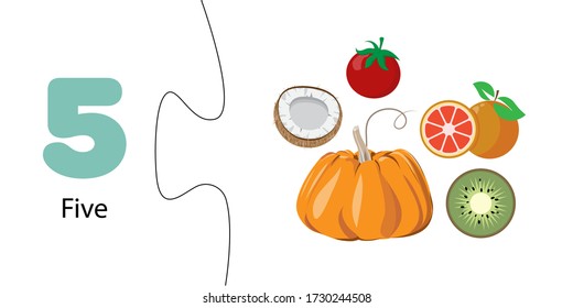 Number 5, Fruit cards with numbers five, worksheet for children who are learning to count. Five objects coconut, pumpkin, kiwi, orange, tomato
