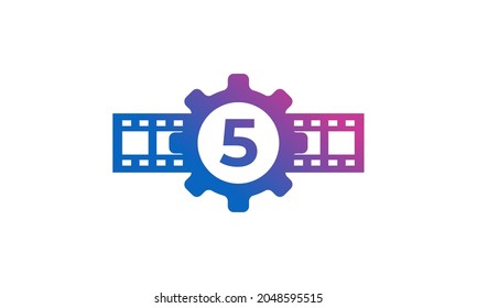 Number 5 Gear Cog Wheel with Reel Stripes Filmstrip for Film Movie Cinema Production Studio Logo Inspiration