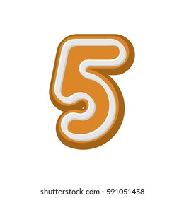 Number 5 Gingerbread font. Peppermint honey-cake ABC five. Cookies alphabet. Lettering biscuit
