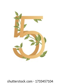 Number 5 with gradient style beige color covered with green leaves eco font flat vector illustration isolated on white background