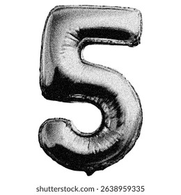 Number 5 with a grainy, dotted texture. Foil balloon shaped like the number 5. Suitable for Y2K-style collages, greeting cards, posters, or prints. Halftone photocopy effect