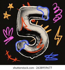 Number 5 with a grainy, dotted texture. Foil balloon shaped like the number 5. Doodle-style design. Perfect for Y2K-inspired collages, greeting cards, or posters. Includes elements like date, number