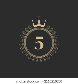 Number 5 Heraldic Royal Frame with Crown and Laurel Wreath. Simple Classic Emblem. Round Composition. Graphics Style. Art Elements for Logo Design Vector Illustration