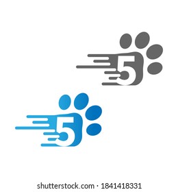 Number 5  icon on paw prints logo design 