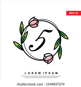number 5 inside floral frame logo. modern icon, template design