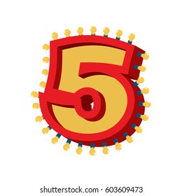 Number 5 lamp glowing font. Vintage light bulb alphabet sign five. Retro ABC sparkling lights

