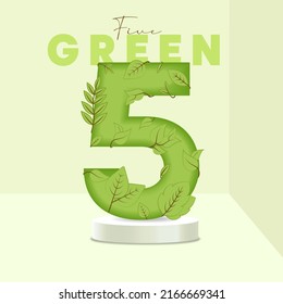Number 5 leaves and branches on the stand. Leaves font. 5 symbol with green plant texture. Eco symbol collection. Vector design piece and template illustration.