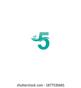 Number 5 logo  coconut tree and water wave icon design vector