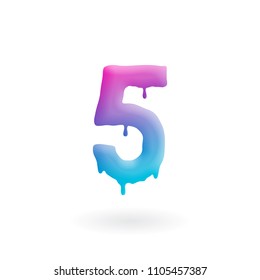 Number 5 logo. Colored paint five icon with drips. Dripping liquid symbol. Isolated art concept vector.